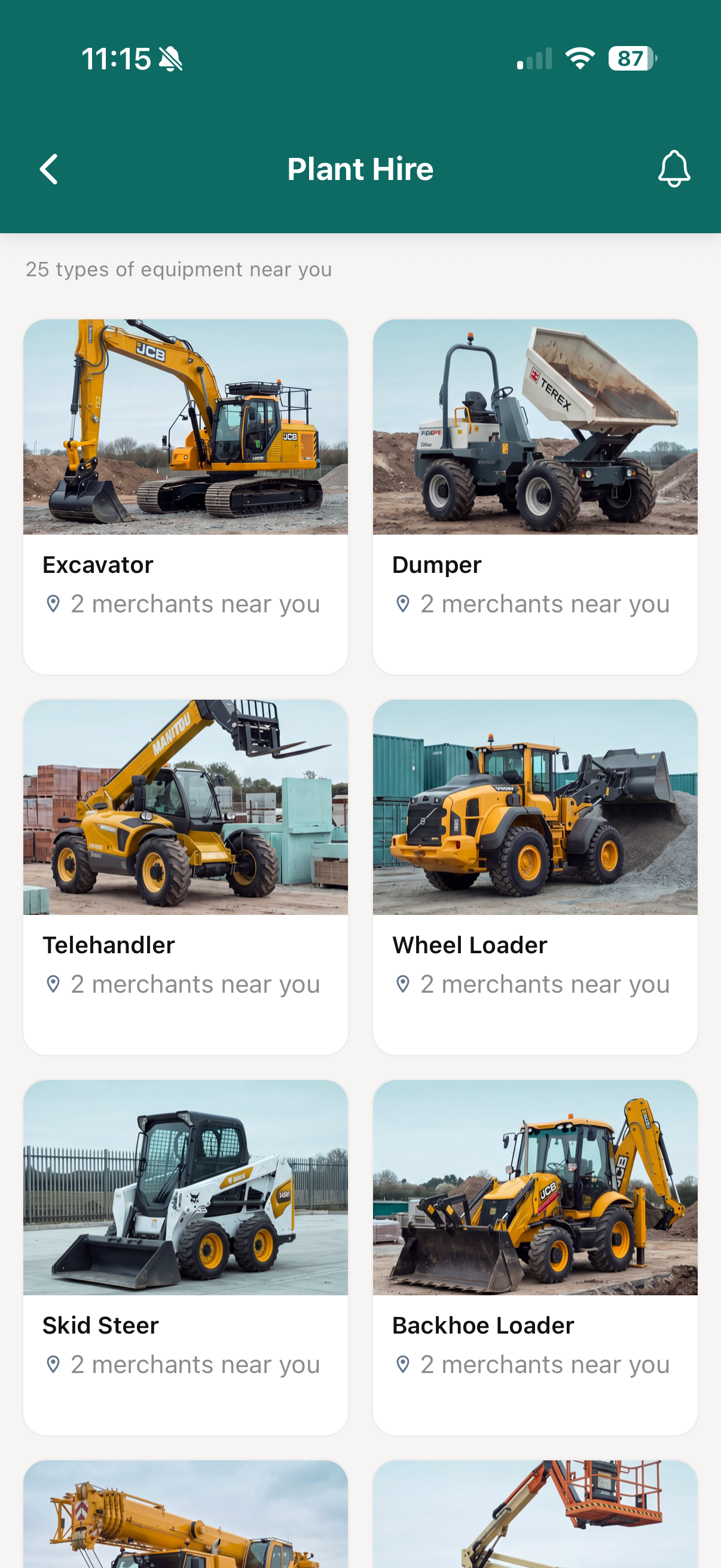 Browsing plant hire equipment in the Merchant Link app